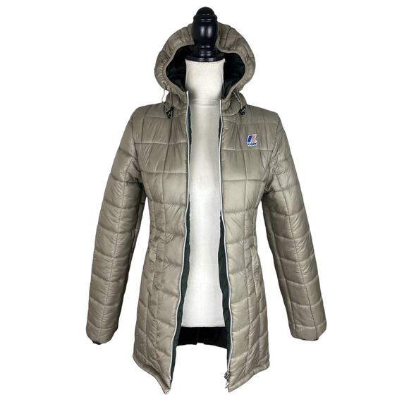 K-Way Denise St Thermo Reversible Down Zip Up Hooded Jacket Olive Green Sz Small - Picture 9 of 15